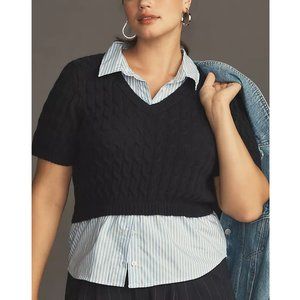 Anthropologie Maeve Cable Short-Sleeve Twofer Sweater Navy Blue 1X Plus